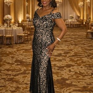 R & M Richards Black Lace Maxi Dress with Nude Lining